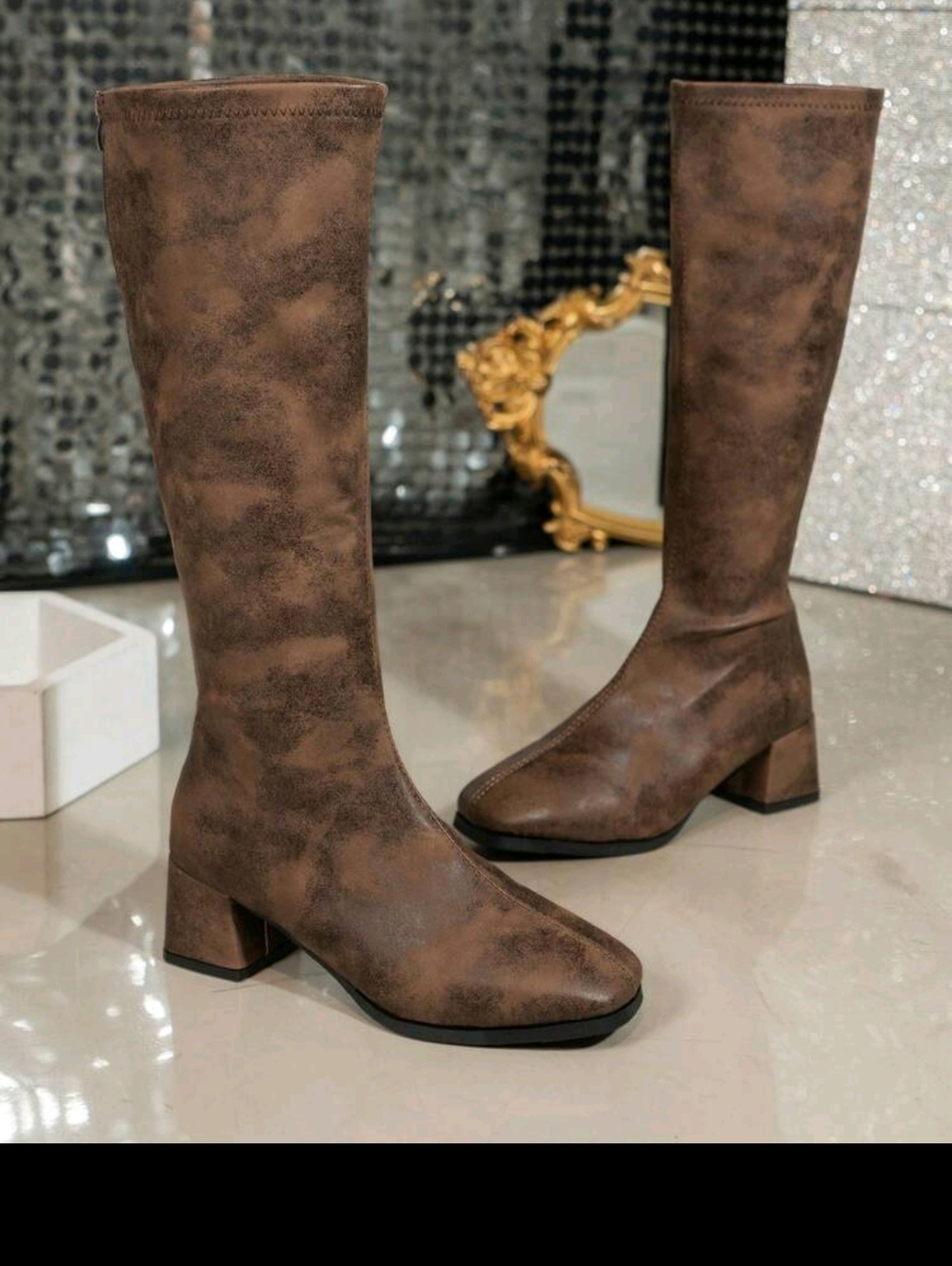 Classic Knee-High Block Heel Boots in Brown